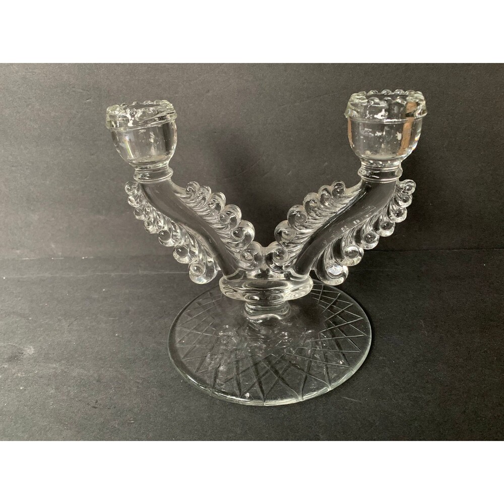 VintageDouble Armed Glass Candle Stick Holder Pressed Glass Feather Plume Design